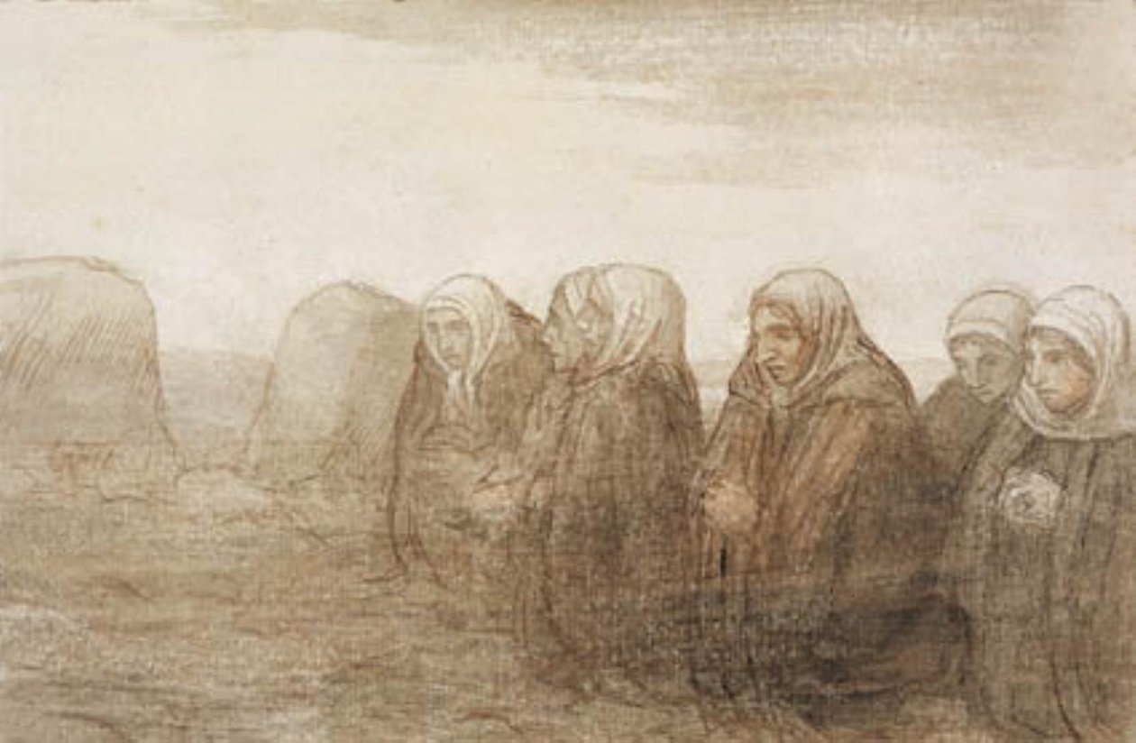 Sechs Bäuerinnen beten auf einem Herbstfeld von Alphonse Legros