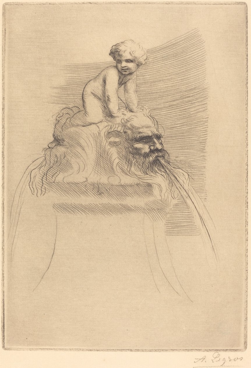Kleiner Brunnen, Kind spielt auf den Grotesken von Alphonse Legros