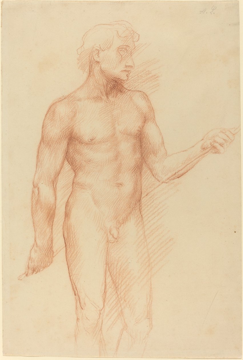 Studie einer Männerfigur, die einen Stab hinter dem Rücken hält von Alphonse Legros