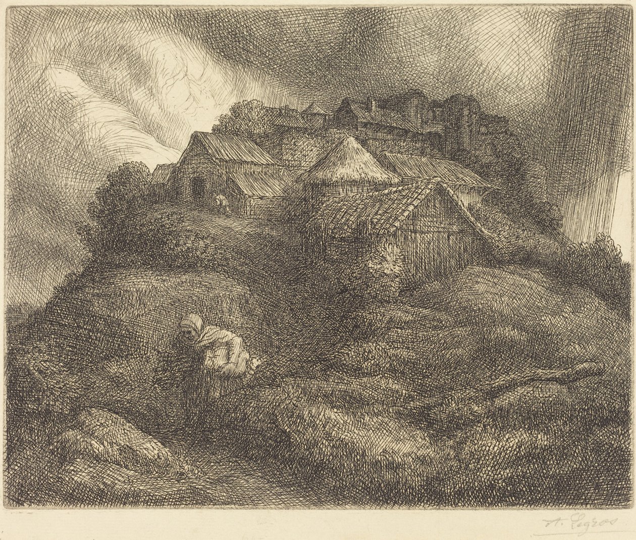 Dorf Saint-Pierre während eines Sturms von Alphonse Legros