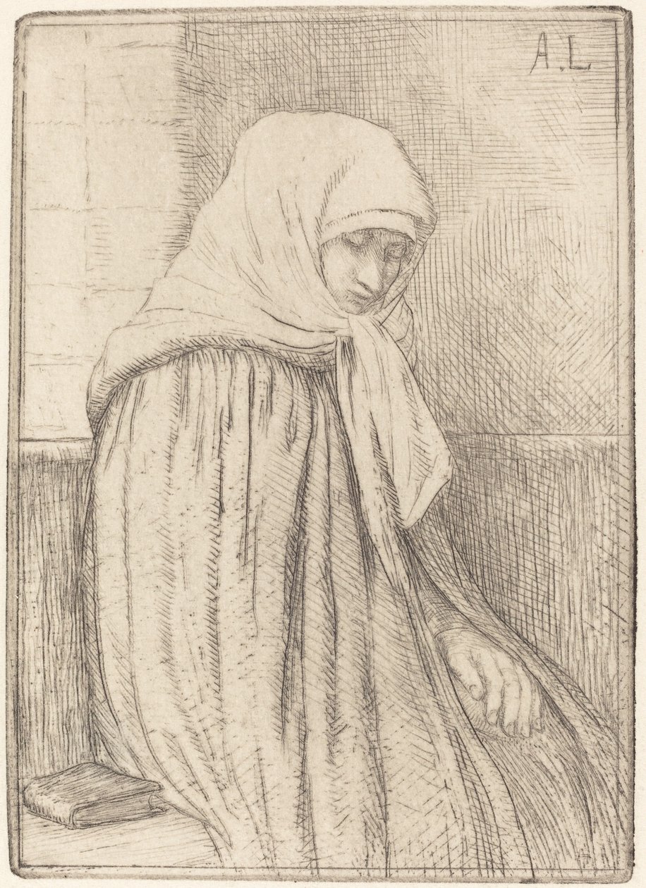 Junge Bäuerin, die in einer Kirche sitzt von Alphonse Legros