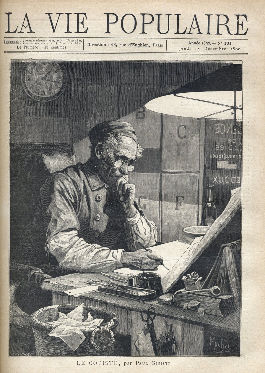 Ein konzentrierter Kopist bei der Arbeit in seinem Büro. Illustration von Alfons Maria Mucha (Alphonse Marie Mucha) von Alphonse Mucha
