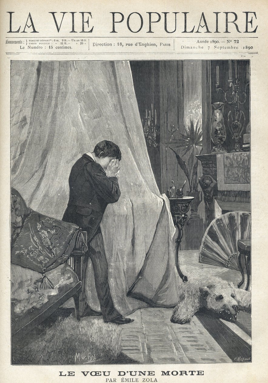Ein Mann weint, versteckt sein Gesicht in einem Taschentuch, stehend hinter dem Baldachin eines Bettes in einem reich dekorierten Schlafzimmer. Illustration von Alfons Maria Mucha von Alphonse Mucha