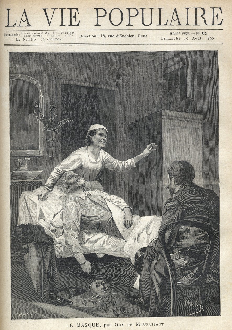 Ein magerer alter Mann mit einem ausgemergelten Gesicht streckt sich, sein Anzug, seine Schuhe und eine Karnevalsmaske liegen nahe seiner Windel (ein auf eine Couch geworfenes Tuch), in „La Vie Populaire“ von Alphonse Mucha