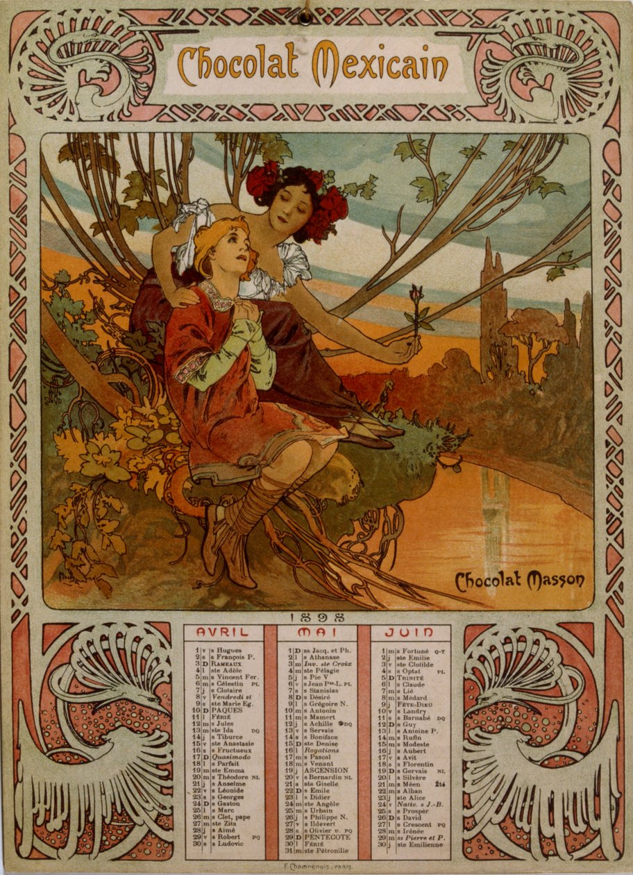 Schokoladen-Masson-Kalender illustriert von Mucha (1860 – 1939), ein tschechischer Jugendstilmaler von Alphonse Mucha