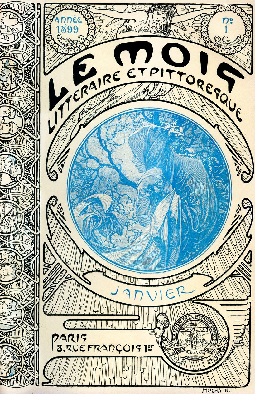 Titelblatt der Zeitschrift (Monatszeitschrift) Der literarische und malerische Monat von Alphonse Mucha (1860-1939): Januar 1899 - Maison de la Bonne Presse - von Alphonse Mucha