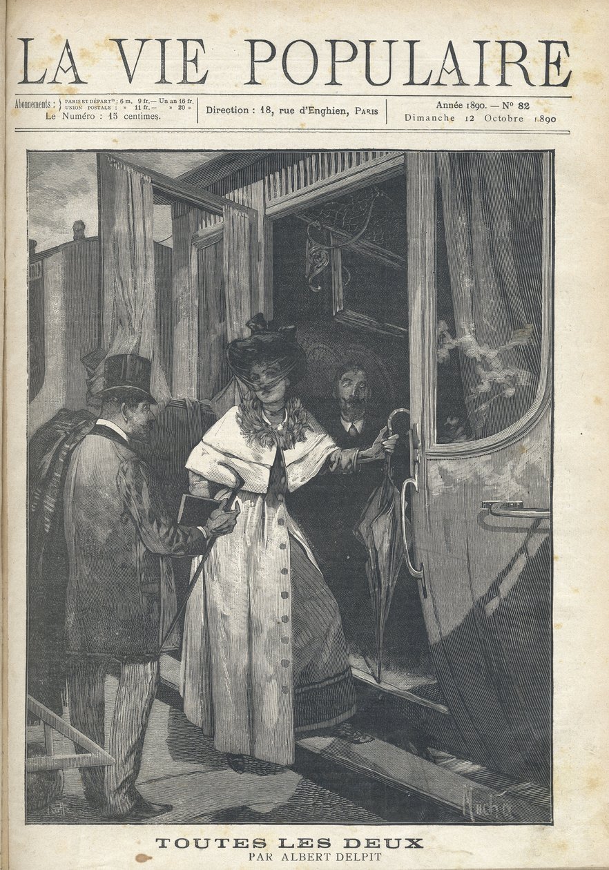 Abschied zwischen einem Mann und einer Frau, die auf einem Bahnsteig in einen Zug steigen. Illustration von Alfons Maria Mucha (Alphonse Marie Mucha) von Alphonse Mucha