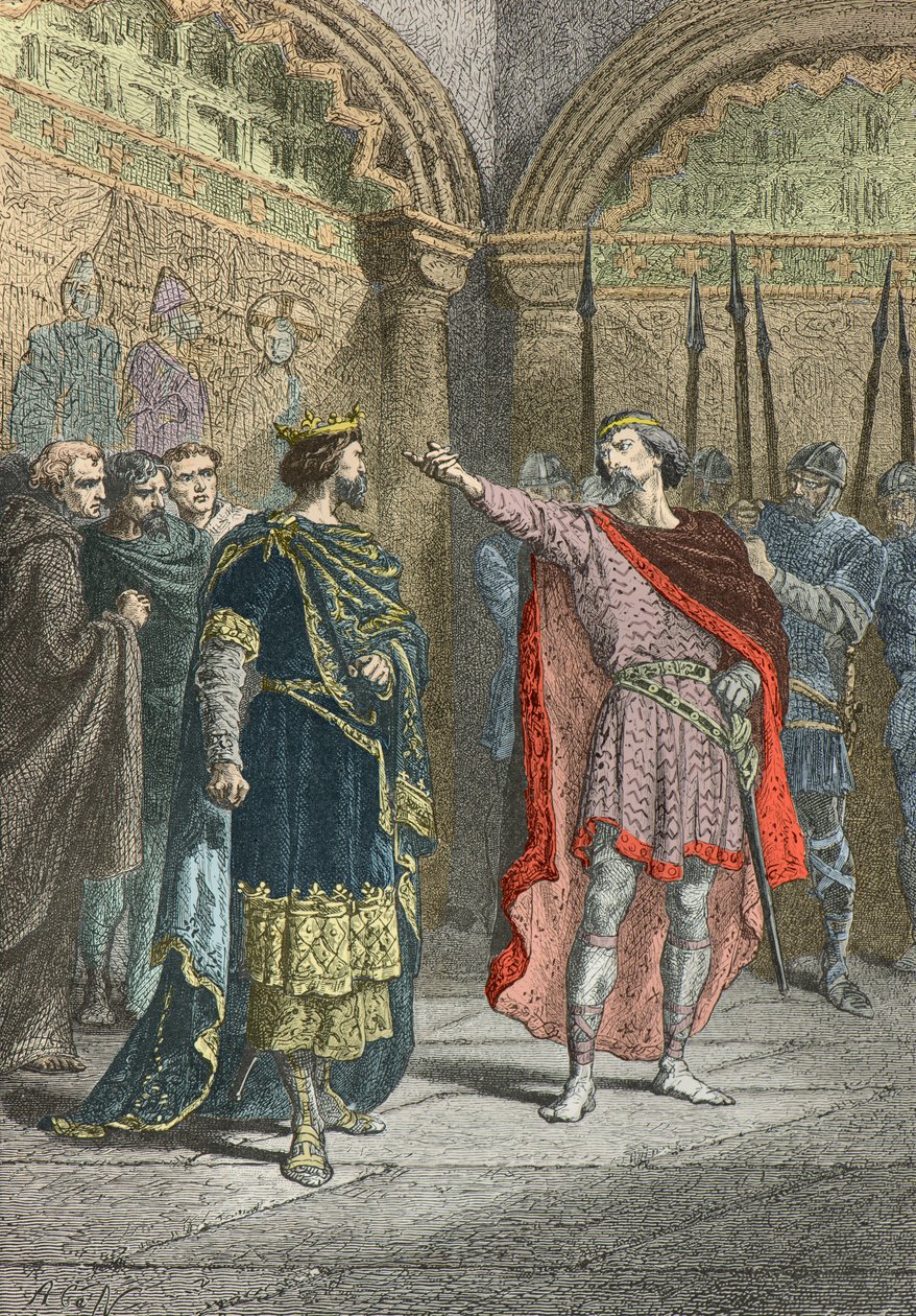 Adalbert Graf von der Mark fordert Hugo Capet heraus, wer dich zum König gemacht hat (Gravur) von Alphonse Marie de Neuville
