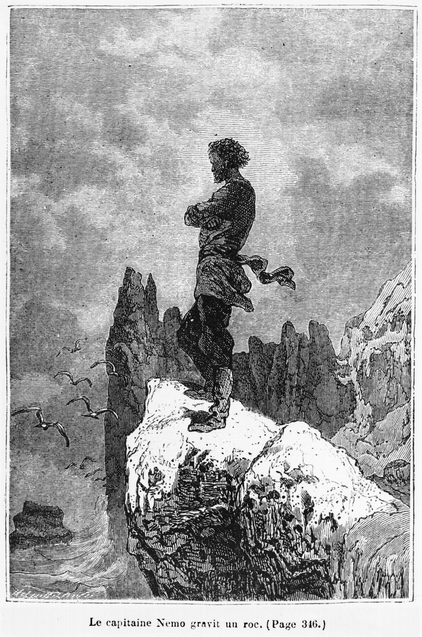 Kapitän Nemo klettert auf einen Felsen, Illustration aus 