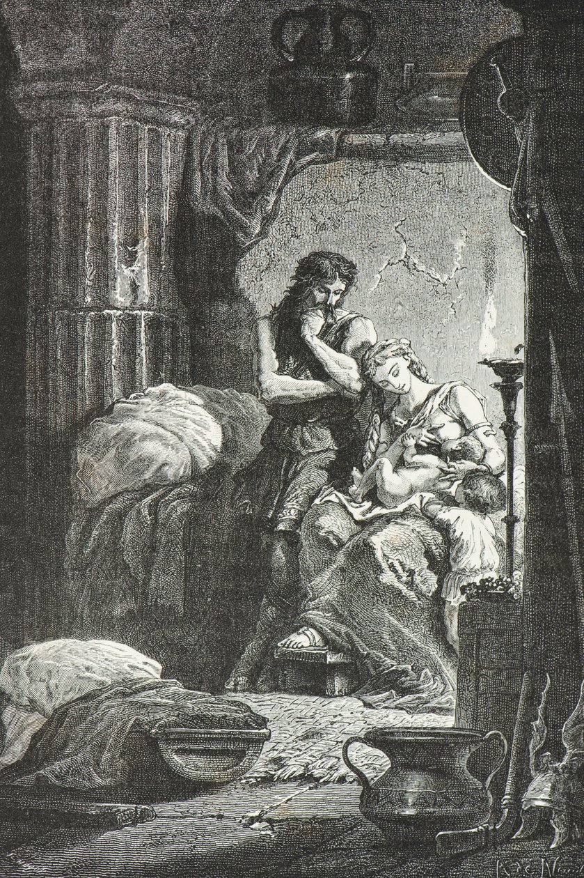 Eponine de Langres stillt das Kind von Julius Sabinus in einer Höhle (Gravur) von Alphonse Marie de Neuville