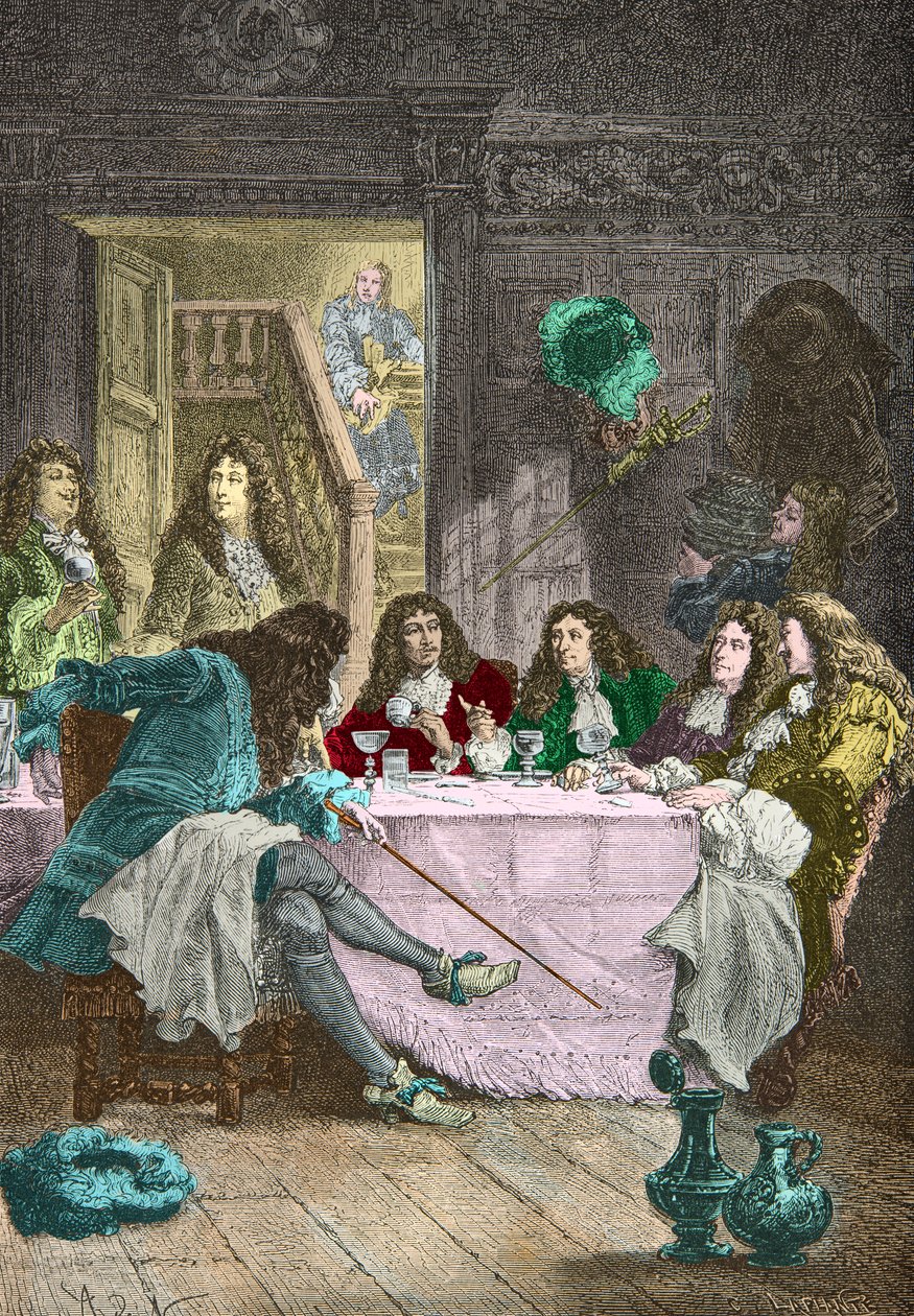 Jean de La Fontaine, Nicolas Boileau Despreaux, Molière und Racine speisen in einem Kabarett (Gravur) von Alphonse Marie de Neuville