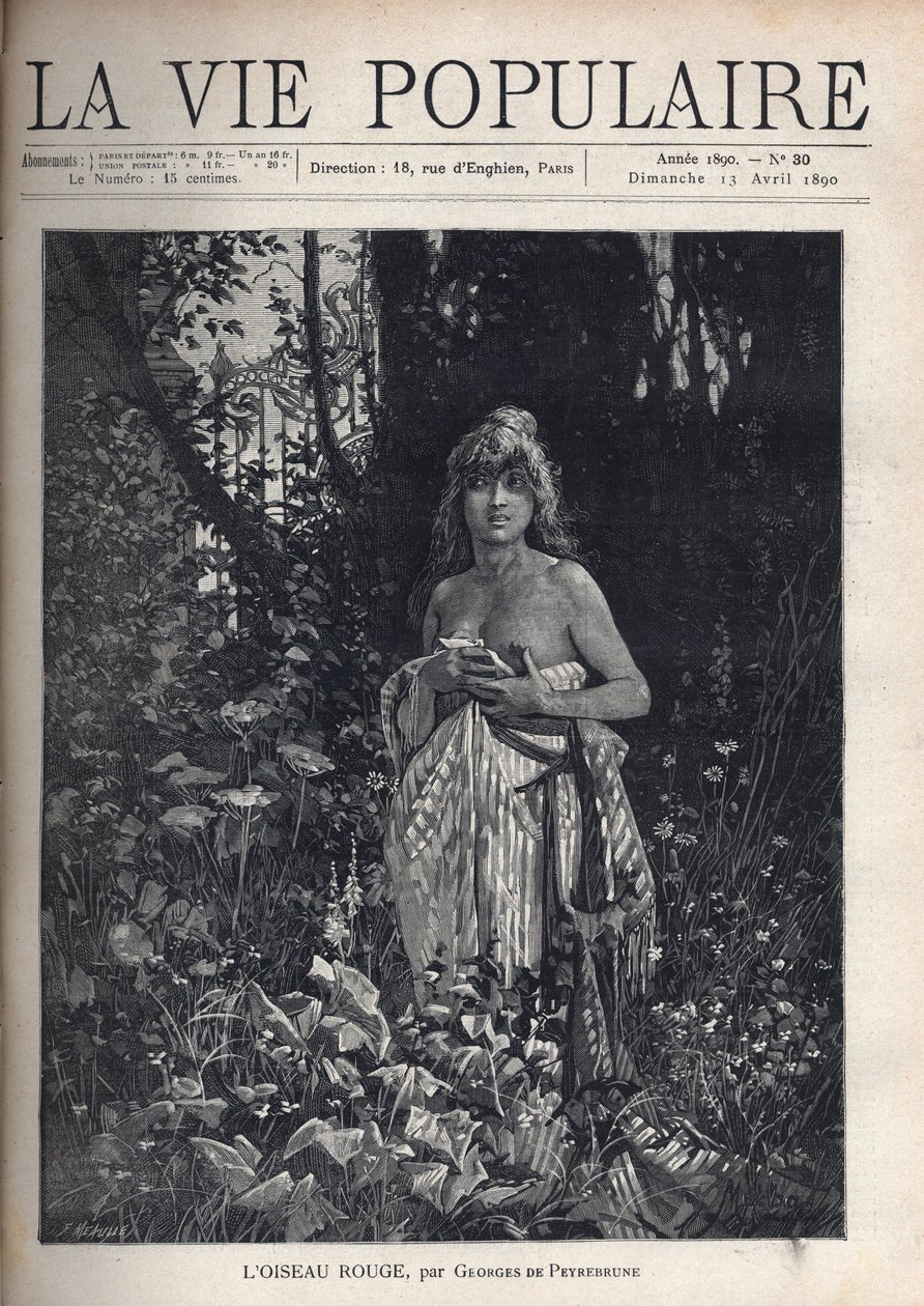 Eine nackte junge Frau, stehend und unfrisiert, bedeckt ihren Körper mit einer Decke, umgeben von Vegetation und Bäumen, die ein schmiedeeisernes Gitter verdecken. Illustration von Alfons Maria Mucha von Alphonse Mucha