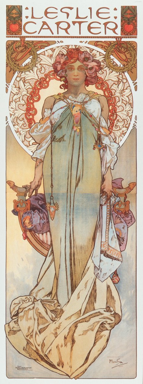 Werbeillustration von Alphonse Mucha, die die Bühnenschauspielerin Leslie Carter in ihrem neuen Stück „Kassa“ darstellt, 1908 von Alphonse Mucha