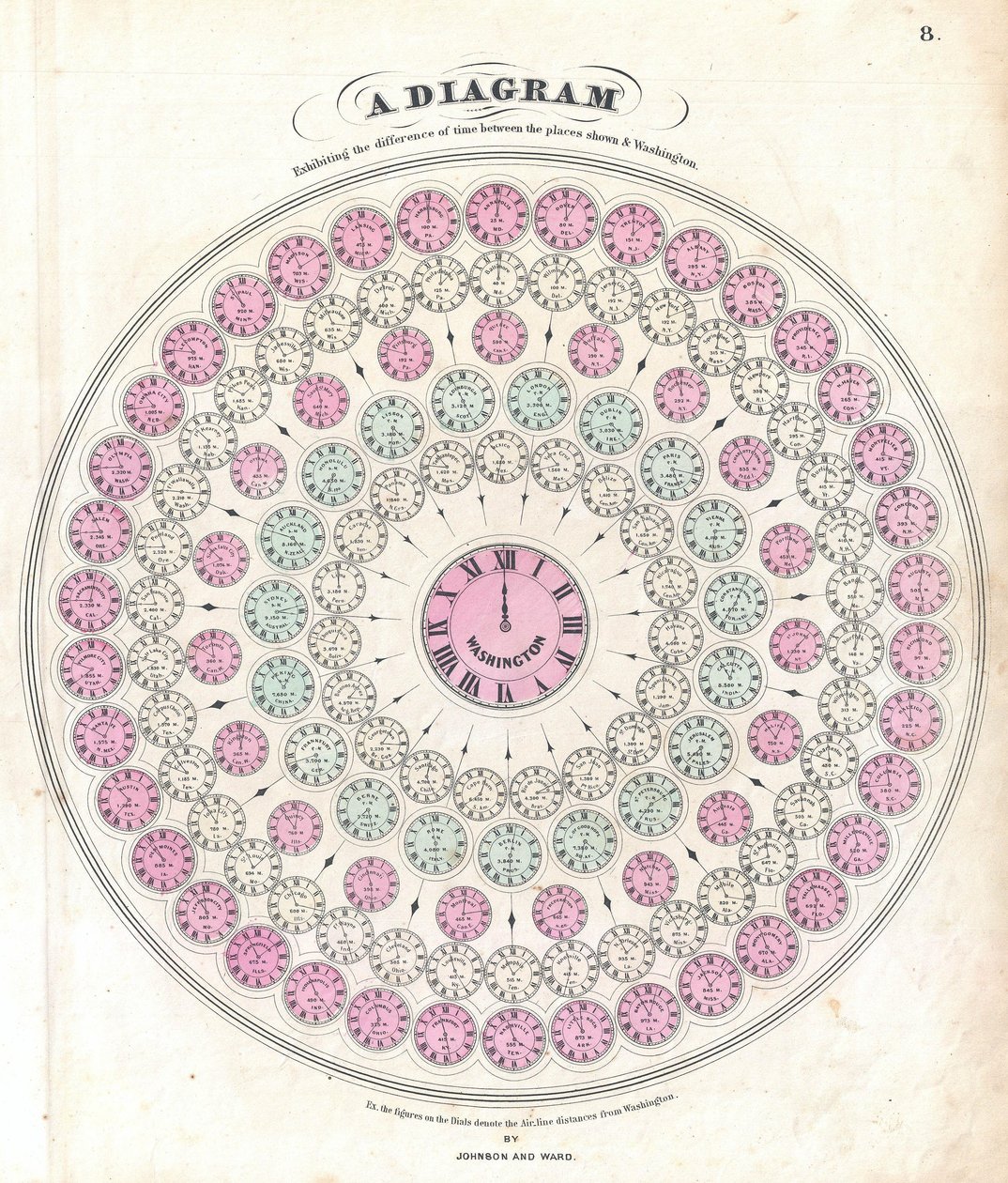Ein Diagramm, das den Zeitunterschied zwischen den gezeigten Orten und Washington darstellt von Alvin Jewett Johnson