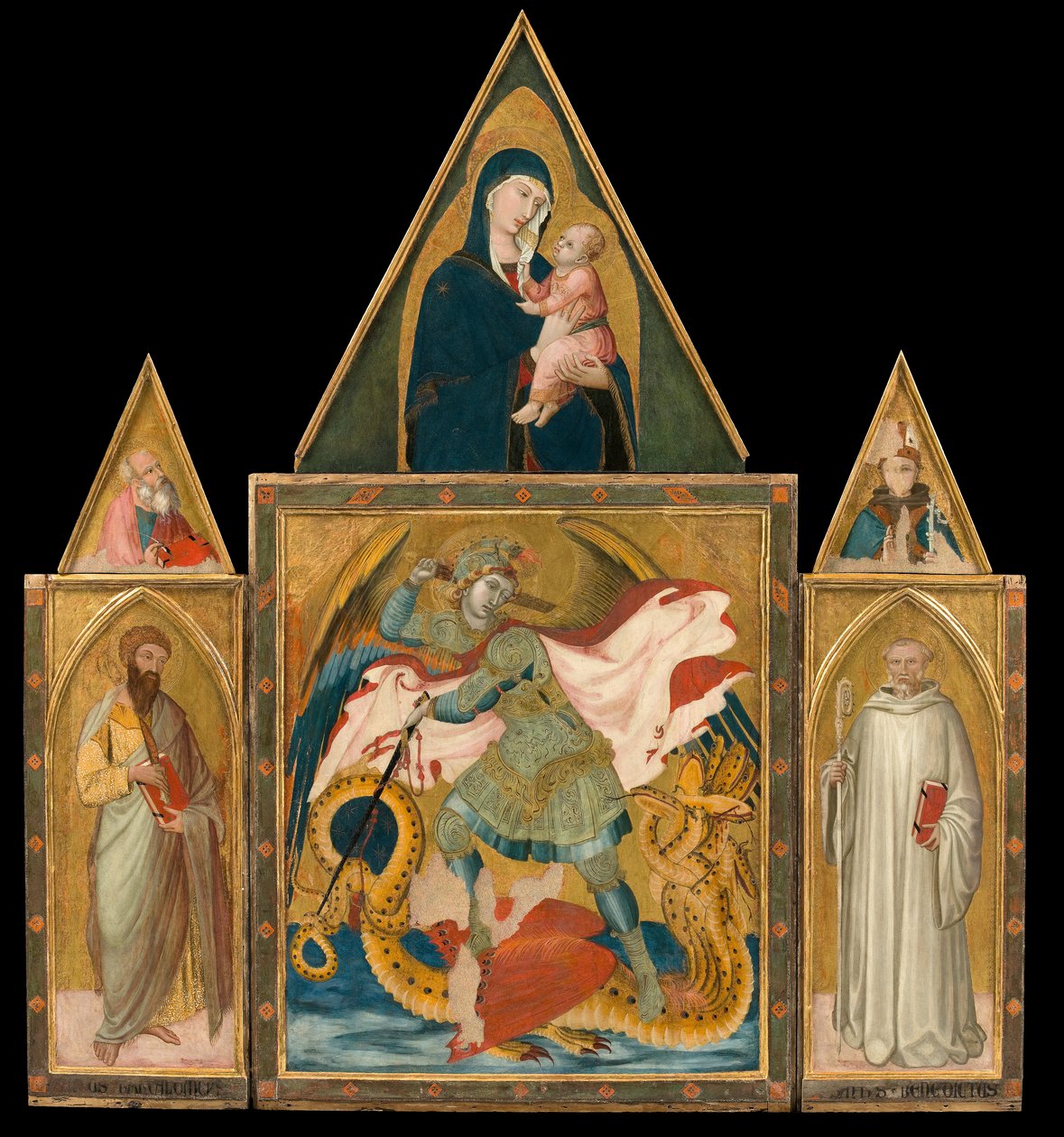 Ambrogio Lorenzetti - Rofeno-Abtei-Polyptychon. Erzengel Michael tötet den Drachen zwischen den Heiligen Bartholomäus von Ambrogio Lorenzetti