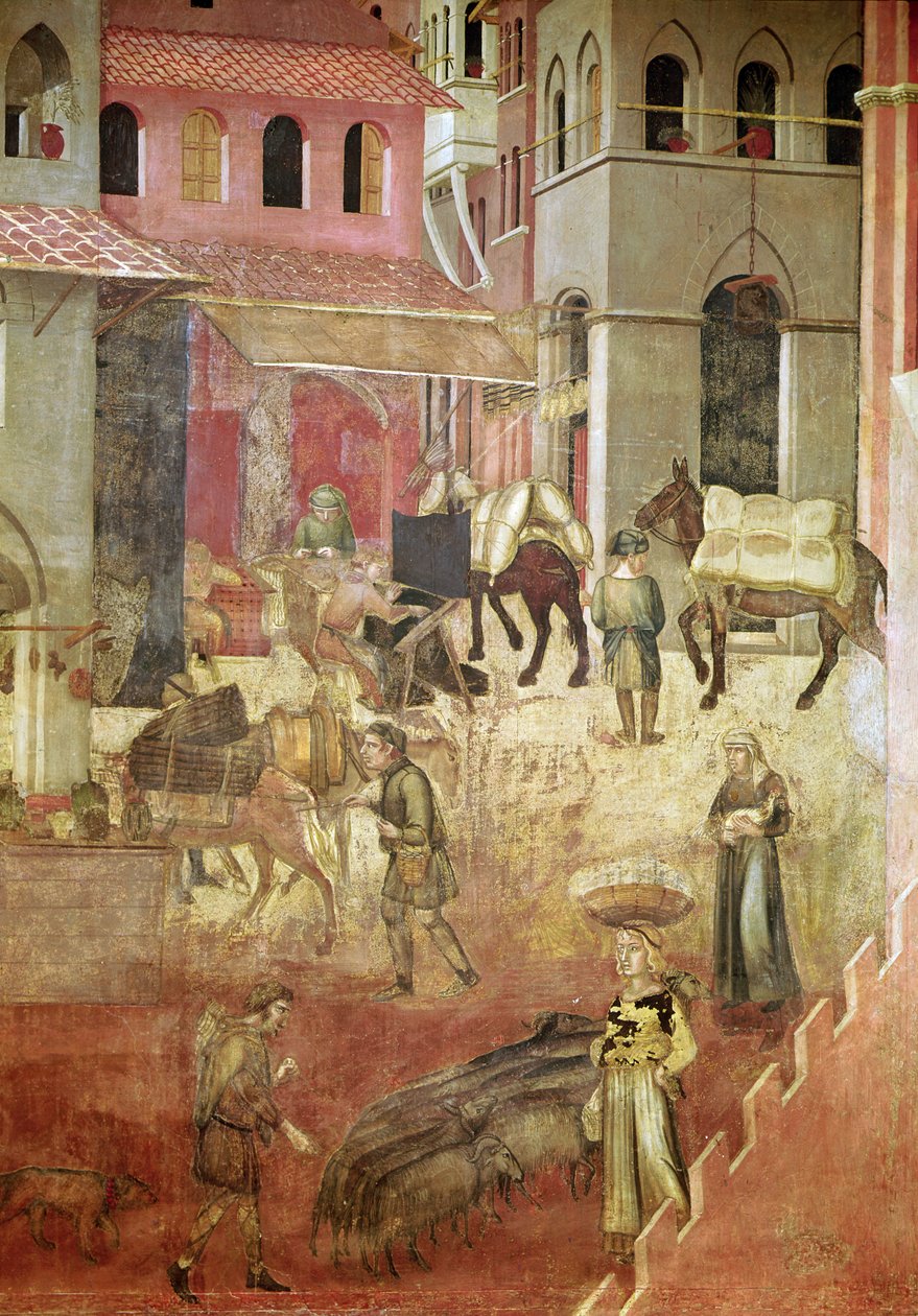 Auswirkungen guter Regierung in der Stadt (Detail) von Ambrogio Lorenzetti