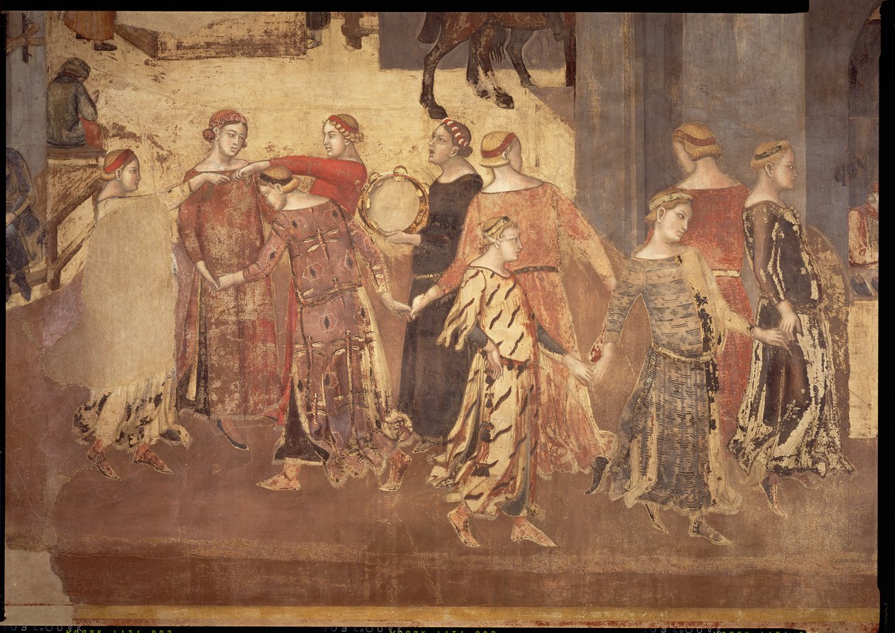 Auswirkungen der guten Regierung in der Stadt, Detail von Tänzern und Tamburinspielern, 1338-40 von Ambrogio Lorenzetti