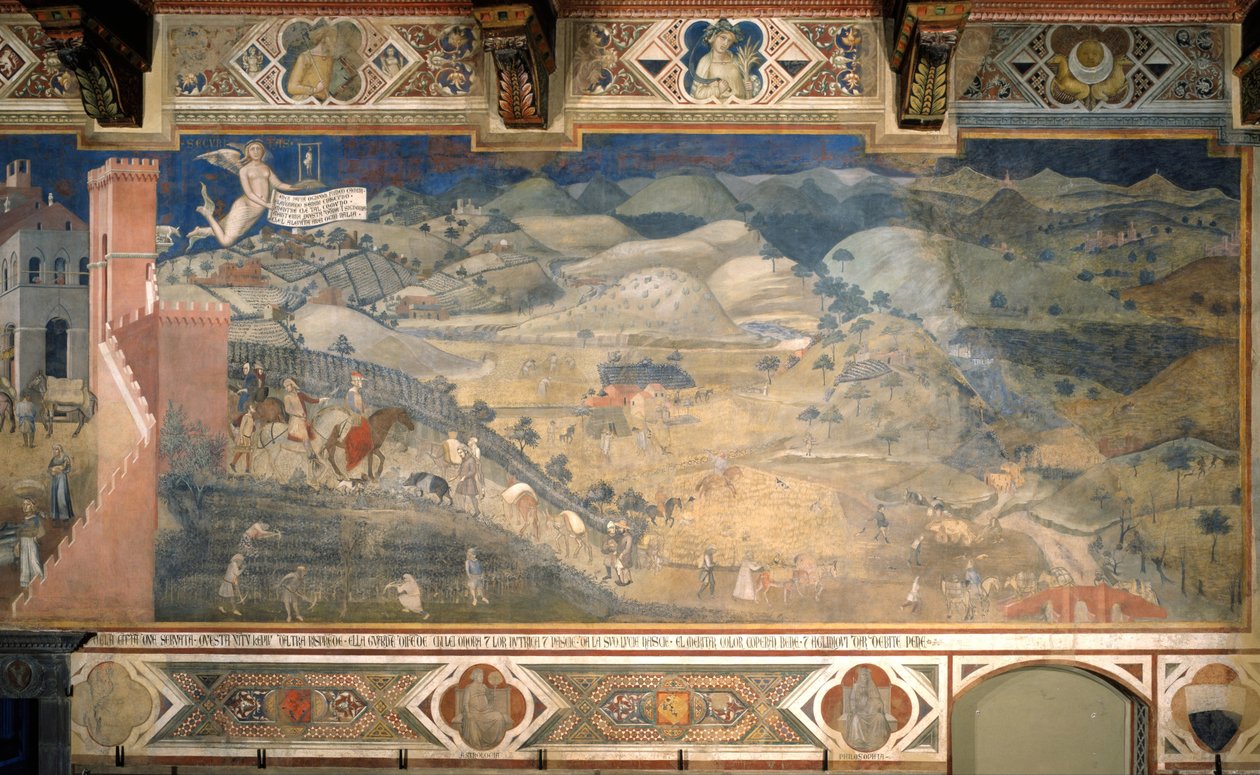 Auswirkungen guter Regierung auf dem Land Zyklus von Fresken Die Allegorie der guten und schlechten Regierung, 1338-1339 von Ambrogio Lorenzetti