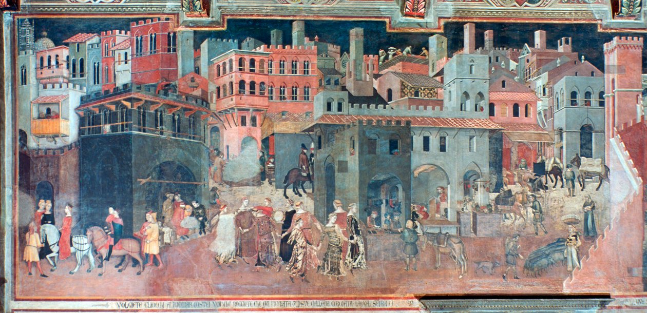 Auswirkungen guter Regierung auf das Stadtleben, Detail, ca. 1330 von Ambrogio Lorenzetti