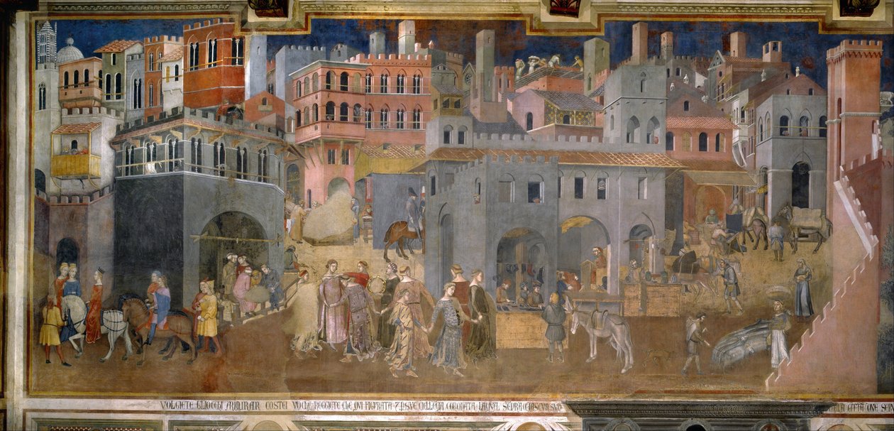 Die Auswirkungen guter und schlechter Regierung in der Stadt und auf dem Land (Detail) von Ambrogio Lorenzetti