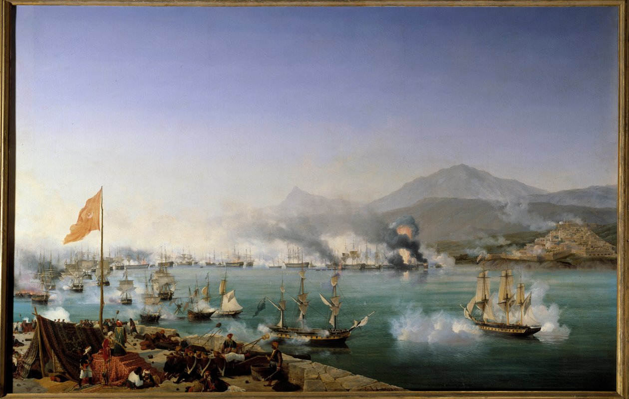 Griechischer Unabhängigkeitskrieg: „Ansicht der Seeschlacht von Navarin am 20.10.1827“ Sie fand in der Bucht von Navarin (Pylos, westlicher Peloponnes) zwischen der osmanischen Flotte und einer französisch-englisch-russischen Flotte statt. Gemälde von Ambr von Ambroise-Louis Garneray