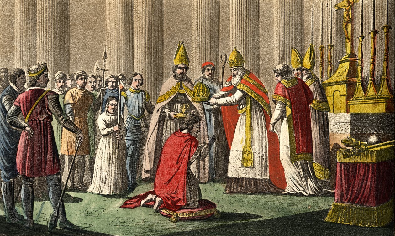 Karl der Große (742-814) gekrönt von Papst Leo III. (ca. 750-816) in der Basilika St. Peter in Rom am 25. Dezember 800 - Heiligsprechung (Krönung) von Karl dem Großen (742 - 814) im Jahr 800 durch Papst Leo III. Entworfen und graviert von Ambroise Tardieu  von Ambroise Tardieu