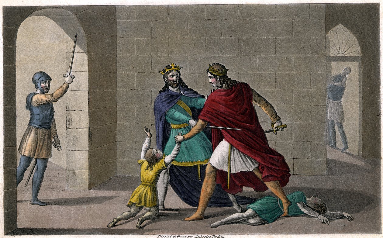 Childebert I. lässt Chlothar die Kinder ihres Bruders Chlodomir, König von Orléans, abschlachten, dessen Staaten sie teilen. Entworfen und graviert von Ambroise Tardieu im Jahr 1825 von Ambroise Tardieu