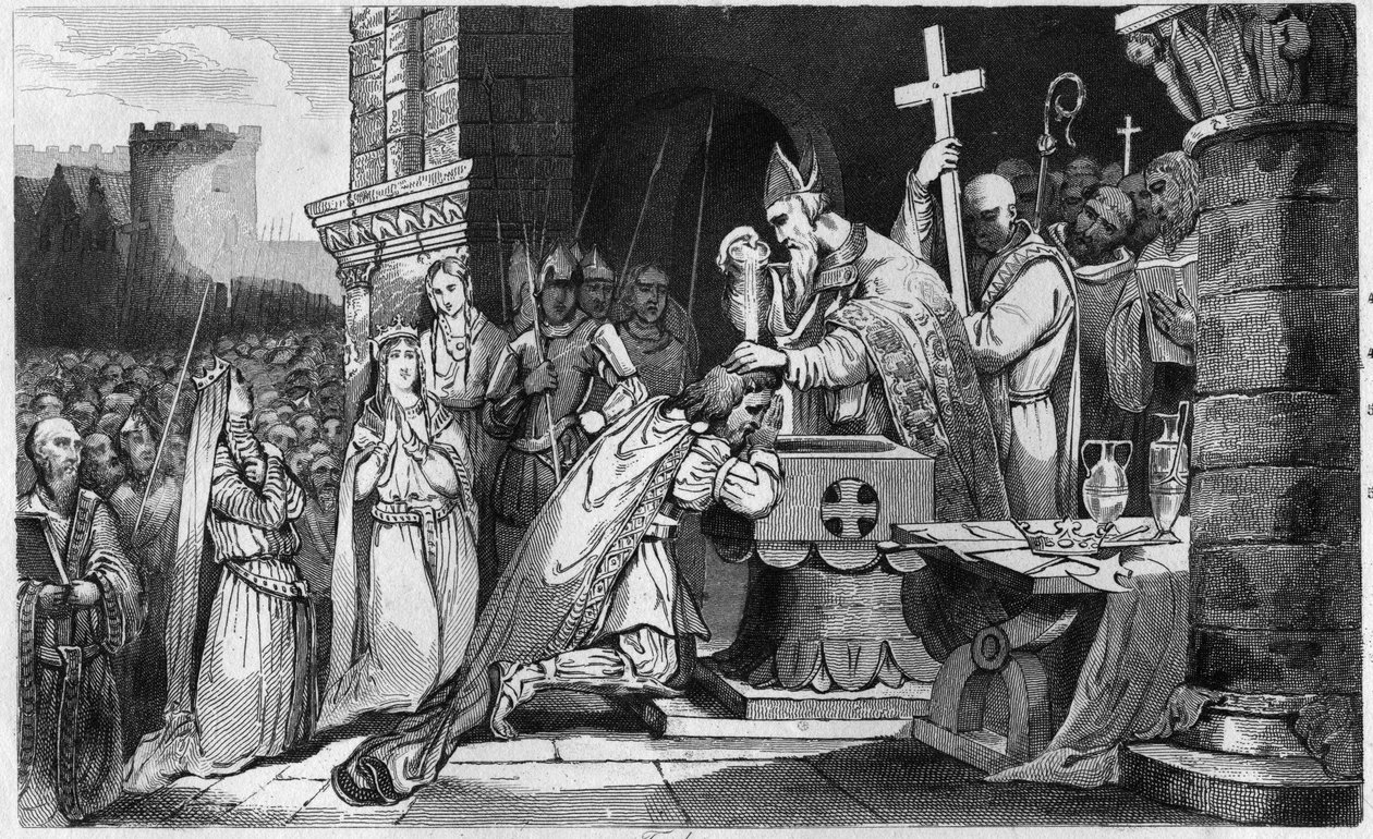 Chlodwig I. (465-511) wird mit Männern aus seiner Armee vor der Schlacht von Tolbiac getauft - Taufe von Chlodwig I., 25. Dezember 496: Der König der Franken (466-511) wird von Saint Remi (437-533), Bischof von Reims, in der Saint Martin Kirche getauft - G von Ambroise Tardieu