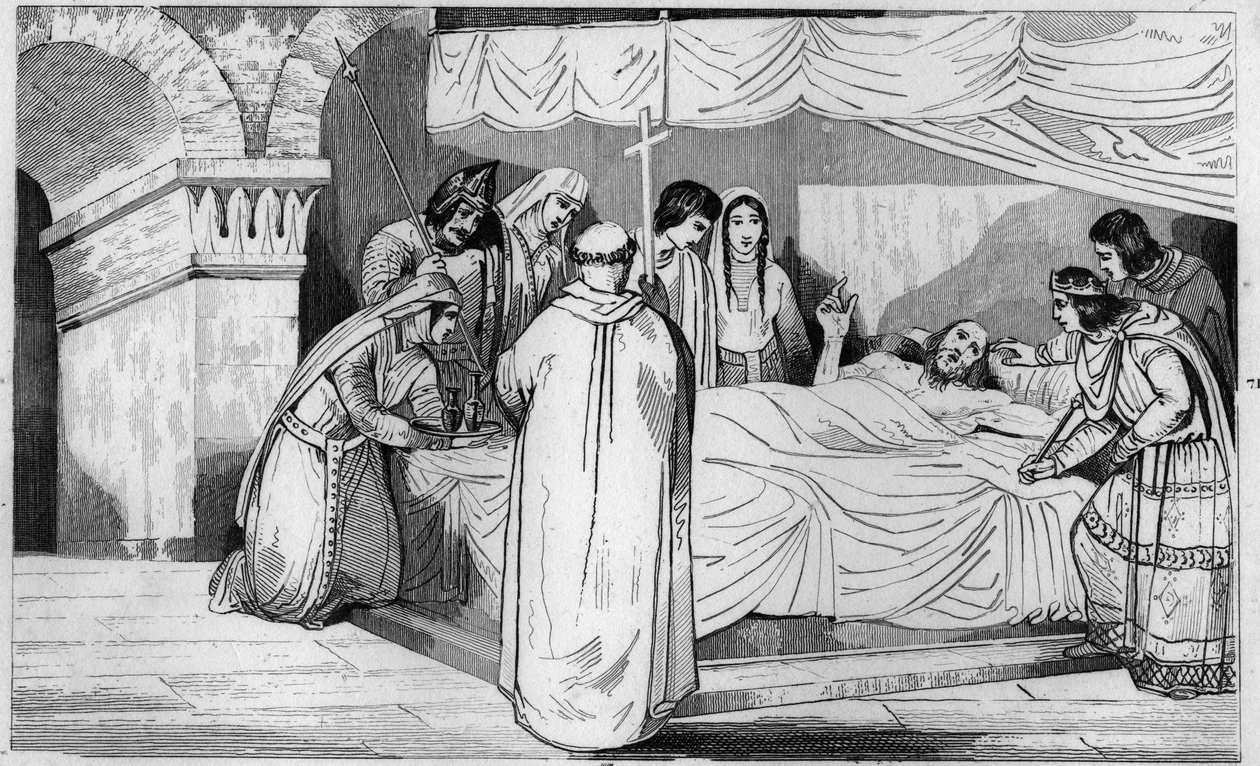 Tod von Pepin von Herstal (635-714) umgeben von seiner Familie - Tod von Pepin de Herstal (Großvater von Pepin le Brief), umgeben von seiner Familie und in Anwesenheit von Dagobert III (im Jahr 714) - Gravur 1825 in „Histoire de France represented by synop von Ambroise Tardieu