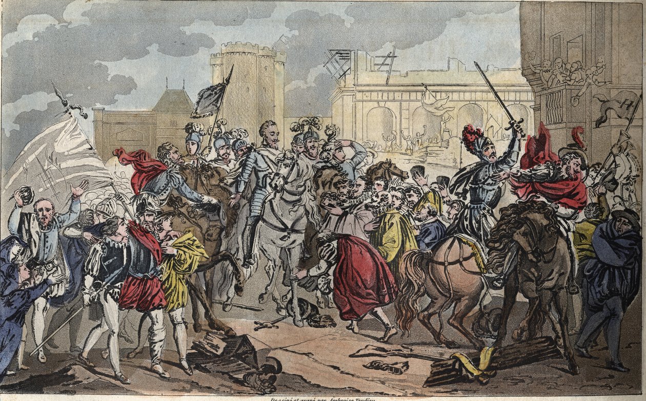 Einzug von Heinrich IV. in Paris: Heinrich IV. (1553 - 1610). Die Konversion des Königs zum Katholizismus brachte den letzten Schlag gegen die Liga, öffnete die Tore von Paris und das Herz seiner Untertanen im Jahr 1594. - Zeichnung und Gravur von Ambroise von Ambroise Tardieu