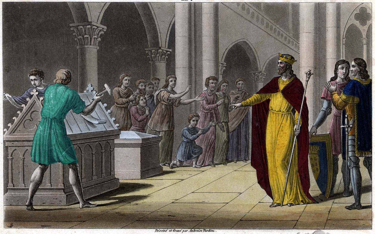 Grimoald, Sohn von Pippin dem Älteren, Bürgermeister des Palastes von Austrasien (642) unter Sigebert III. Entworfen und graviert von Ambroise Tardieu 1825 von Ambroise Tardieu