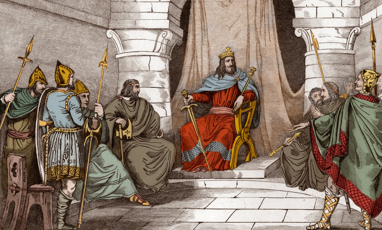 König Charibert (521-567) im Rat mit Magistraten - Charibert oder Cherebert, König von Paris (561-567), hält Räte ab oder spricht Recht - Gravur von 1825 in „Histoire de France represented by synoptic paintings dediee to the children of France and von Ambroise Tardieu