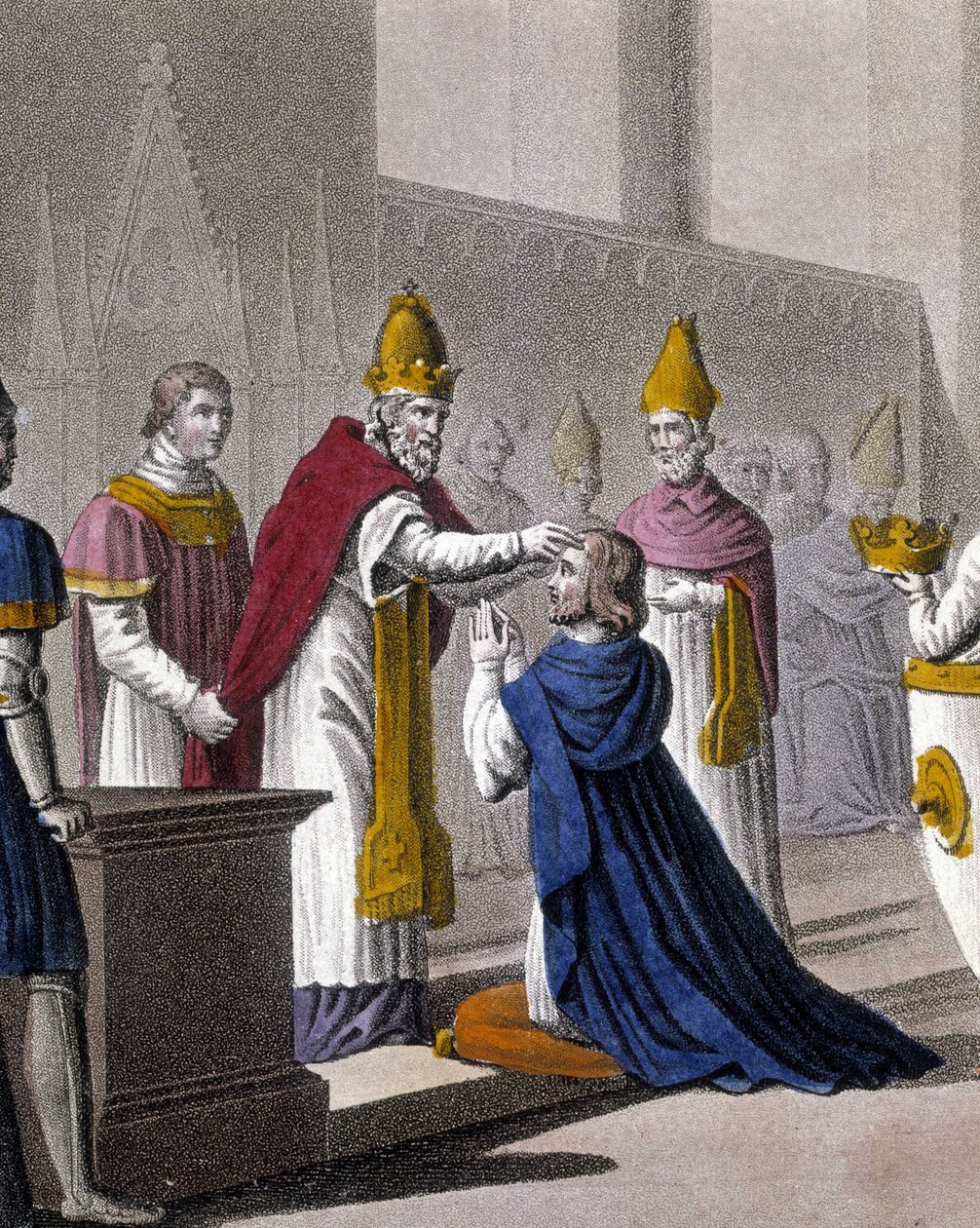 Ludwig II. wurde ein zweites Mal auf dem Konzil von Troyes von Johannes VIII. im Jahr 879 geweiht (Detail von 33595). Entworfen und graviert von Ambroise Tardieu im Jahr 1825 von Ambroise Tardieu