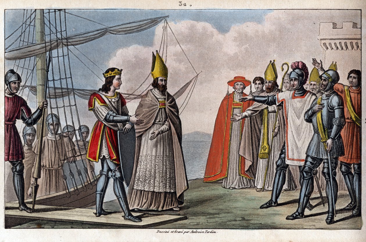 Ludwig IV. von Übersee (921-954), karolingische Dynastie. Er wurde von Guillaume, Erzbischof von Sens, aus England nach Frankreich zurückgebracht, um unter der Vormundschaft von Hugues dem Großen wieder an die Macht zu kommen. - Gezeichnet und graviert von von Ambroise Tardieu