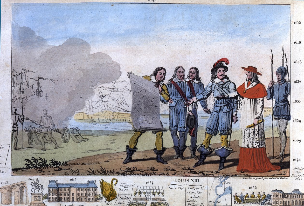 Ludwig XIII. (1601-1643) und Kardinal Richelieu bei der Belagerung von La Rochelle, dem Waffenplatz der Protestanten - Entworfen und graviert von Ambroise Tardieu im Jahr 1825. von Ambroise Tardieu