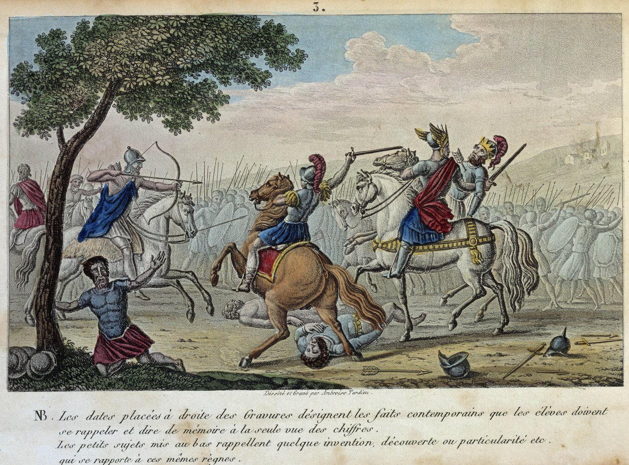 Merovee (447-458) trotzt Attila auf den Katalaunischen Feldern nahe Troyes mit Aetius und Theoderich I. Er ist der vermutliche König der Franken-Salier und gab der Merowinger-Dynastie ihren Namen. - gezeichnet und graviert von Ambroise Tardieu im Jahr 1825 von Ambroise Tardieu