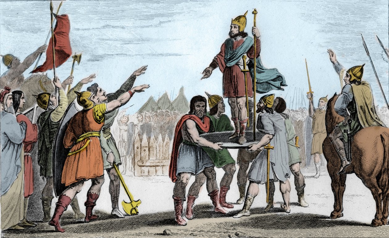 Pharamond I. (ca. 370-427), König der Franken. Auf einem Schild von seinem Volk, das ihn zum König gewählt hat, erhoben - Pharamond, anerkannt von den Franken-Saliern und den Galliern, die zu einem Volk vereint sind, wird auf einem Schild erhoben und geht  von Ambroise Tardieu