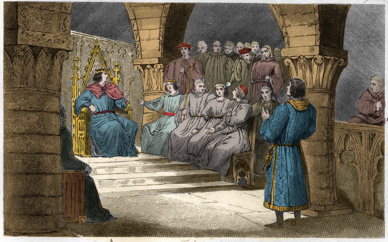 Philipp V. (1294-1322) der Lange und die Generalstände lehnen die Ansprüche von Jeanne II. (Salisches Gesetz) ab - Philipp V. genannt „Le Long“ (1294-1322) - Die Generalstände, die im Louvre einberufen wurden, erklärten Philipp V. zum König und schlossen s von Ambroise Tardieu