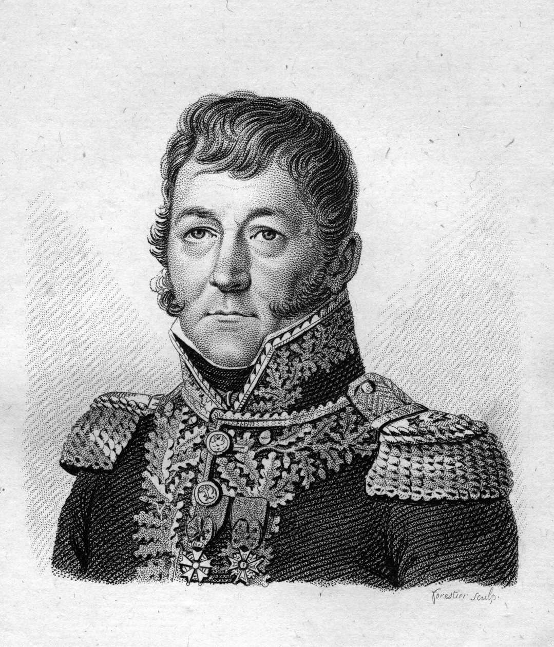 Porträt von Claude Prost (1764-1834), Baron des Kaiserreichs, Brigadegeneral der Artillerie - in „Porträts der französischen Generäle nach den Siegen und Eroberungen der Franzosen“. Gravur von Ambroise Tardieu 1818. Stella-Sammlung von Ambroise Tardieu