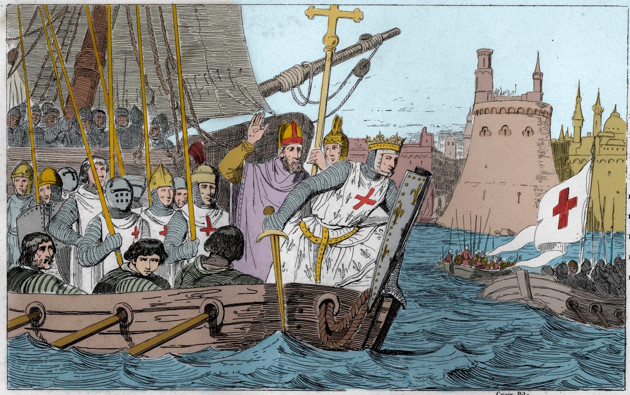 Siebter Kreuzzug: König Ludwig IX. (1214-1270) und die Kreuzfahrer belagern Damiette im Juni 1249 in Unterägypten - Siebter Kreuzzug ins Heilige Land 1248-50 - Ludwig IX. (1214-70) führt seine Truppen in die Schlacht - Gravur von 1825 in „Histoire de Franc von Ambroise Tardieu