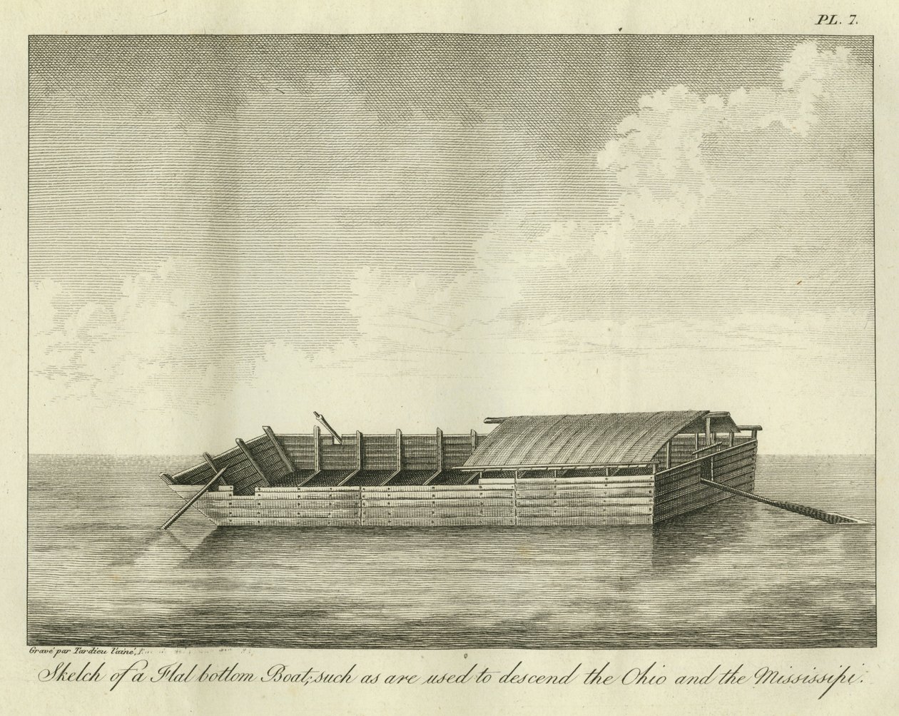 Skizze eines flachen Bodenbootes, wie sie zum Abstieg des Ohio und Mississippi verwendet werden, veröffentlicht 1826 von Ambroise Tardieu