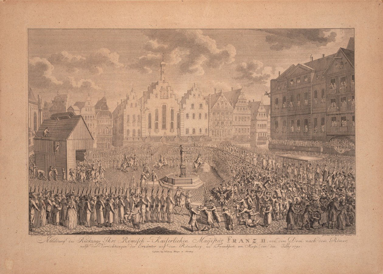 Die Krönungsprozession von Franz II. vom Frankfurter Dom zum Römerberg im Juli 1792 von Ambrosius Gabler