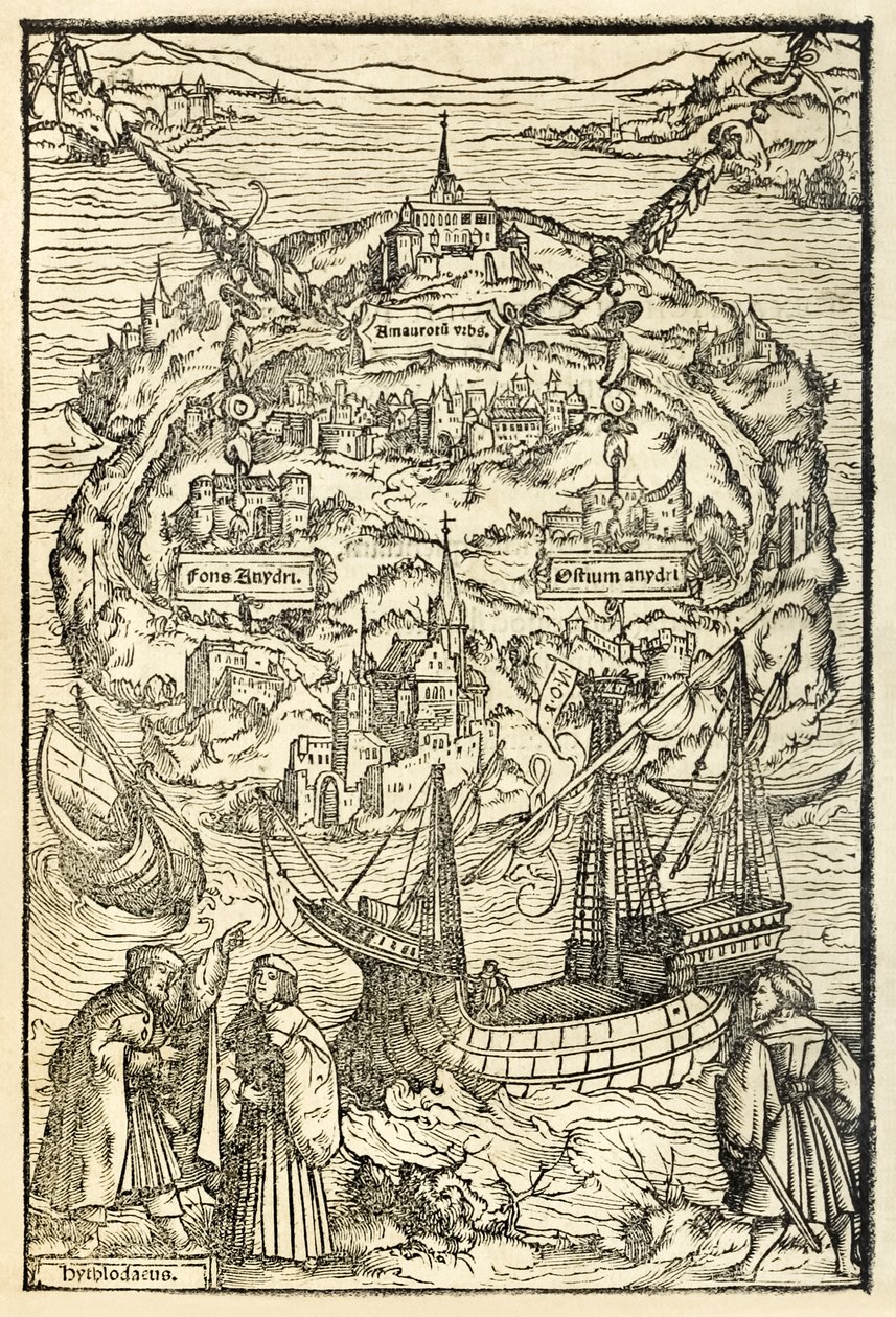Karte der Neuen Insel Utopia aus einer Ausgabe von 1518 von Utopia von Sir Thomas More (1478-1535), erstmals veröffentlicht 1516. Holzschnitt von Ambrosius Holbein (ca. 1494-ca. 1519) von Ambrosius Holbein