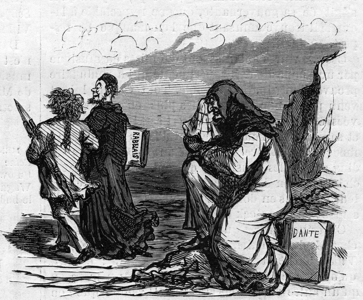 Der arme Dante beginnt zu weinen, als er Gustave Doré Arm in Arm mit diesem kleinen Rabelais-Mann sieht. Karikatur von Cham. Gravur in „Le Monde Illustré“ Nr. 821 vom 4. Januar von Amédée de Noé
