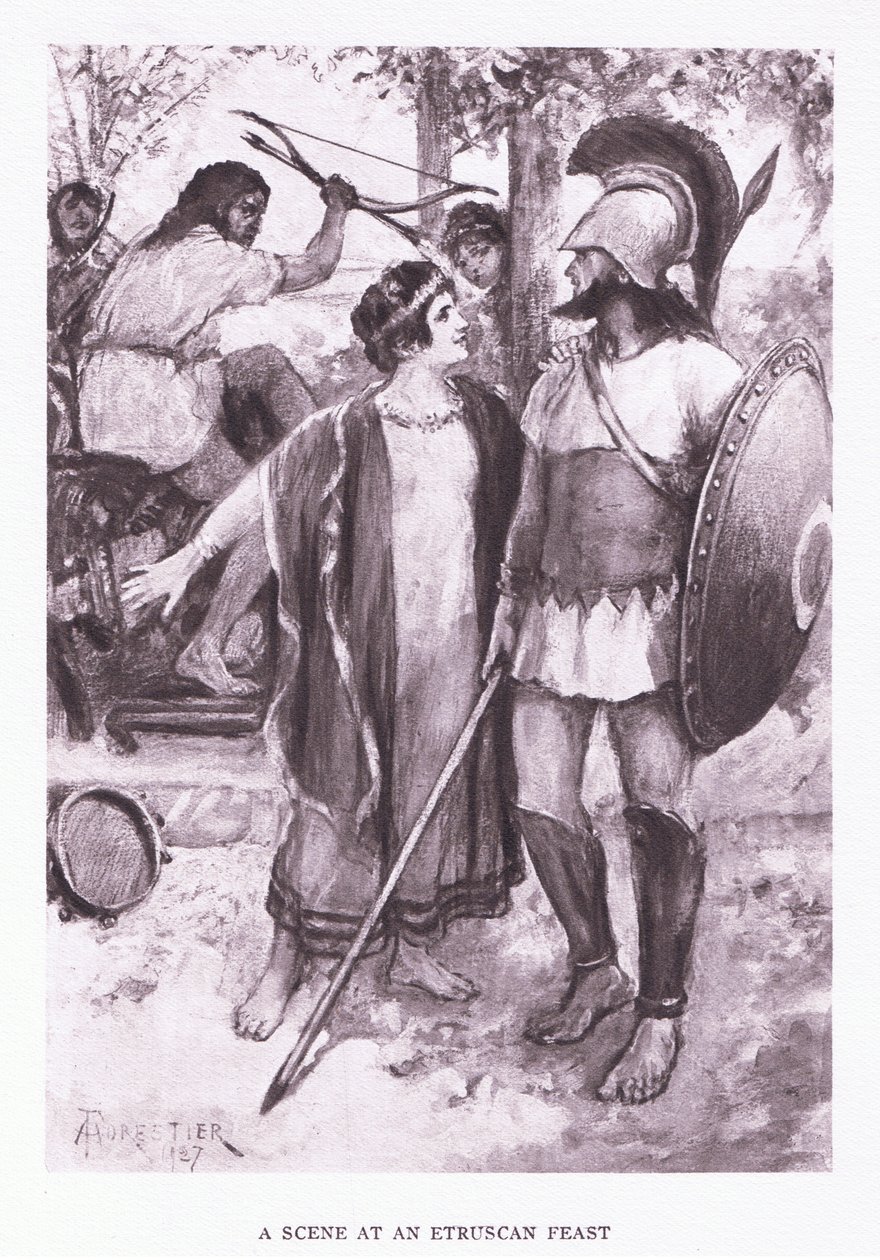 Eine Szene bei einem etruskischen Fest, Illustration aus Der römische Soldat, 1928 von Amedee Forestier
