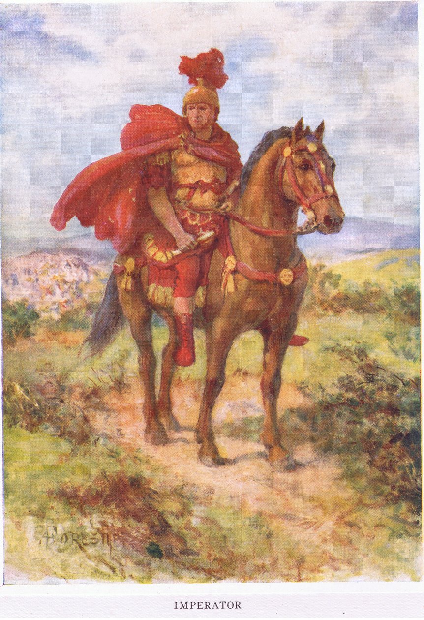 Imperator: ursprünglich, wie hier, wurde der siegreiche römische General von seinen Soldaten im Feld begrüßt. Später war der Titel nur den Kaisern vorbehalten, Illustration aus Der römische Soldat, 1928 von Amedee Forestier