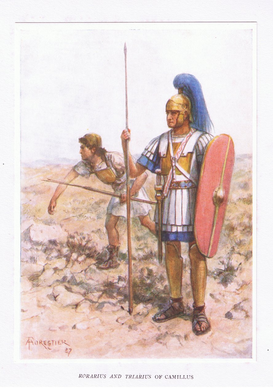 Rorarius und Triarius bei Camillus, Illustration aus Der römische Soldat, 1928 von Amedee Forestier