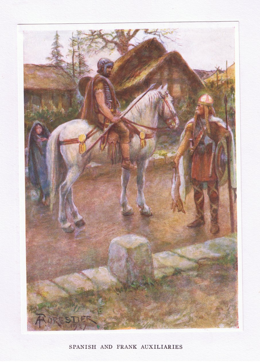 Spanische und fränkische Hilfstruppen, Illustration aus Der römische Soldat, 1928 von Amedee Forestier