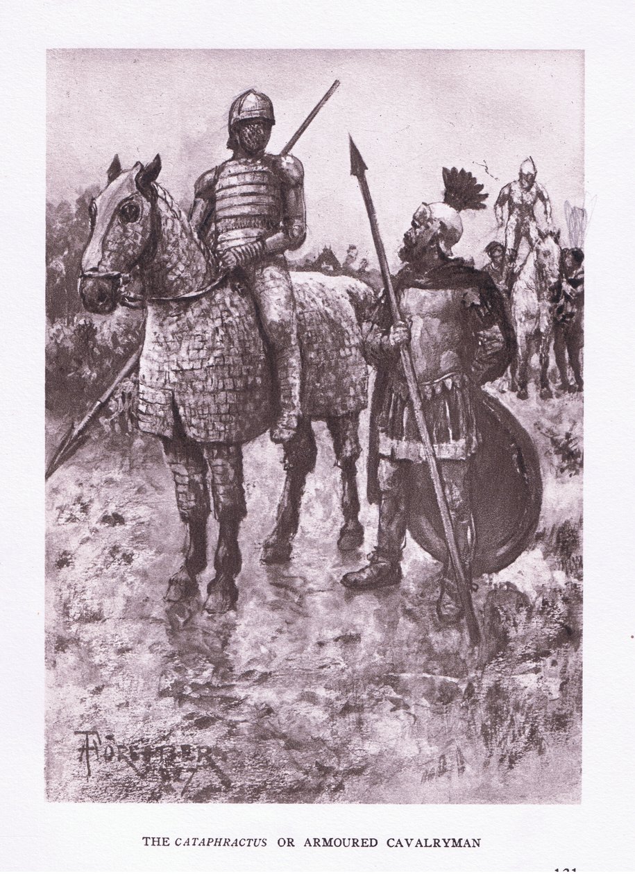Der Cataphractus oder gepanzerte Kavallerist, Illustration aus Der römische Soldat, 1928 von Amedee Forestier