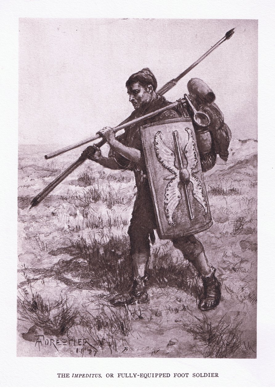 Der Impeditus oder voll ausgerüstete Fußsoldat, Illustration aus Der römische Soldat, 1928 von Amedee Forestier